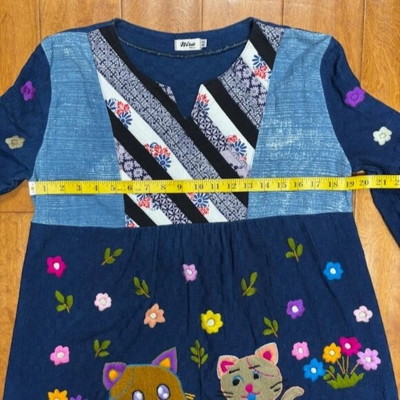 Mira Closet Womens Embroidered Lagenlook Tunic Top Artsy Size *L Cat Dog Flowers - Picture 8 of 9